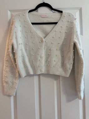 Pink Lily Cream Pearl-Embellished Cropped Cardigan